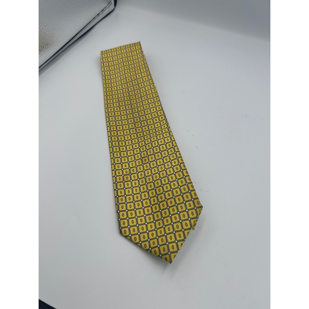 Davvero Benino Mens Silk Tie Yellow Geometric Gold Oval Pattern Formal Necktie